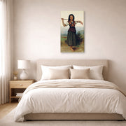 Gallery-wrapped canvas print of William-Adolphe Bouguereau's The Shepherdess displayed on a wall in a bedroom