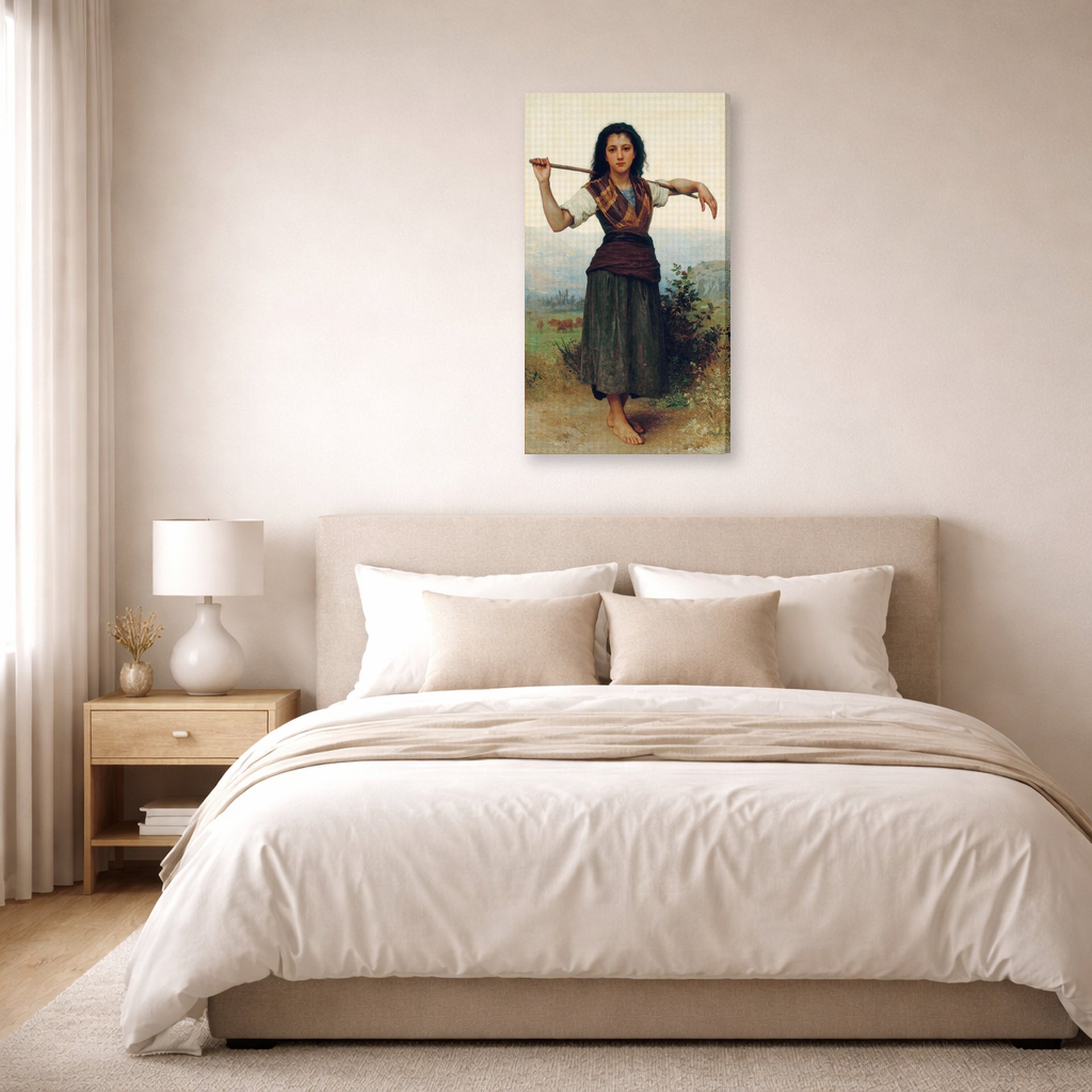 Gallery-wrapped canvas print of William-Adolphe Bouguereau's The Shepherdess displayed on a wall in a bedroom