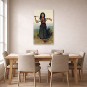 Gallery-wrapped canvas print of William-Adolphe Bouguereau's The Shepherdess displayed on a wall in a dining room