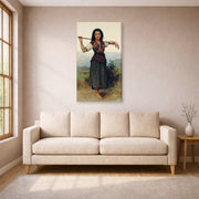 Gallery-wrapped canvas print of William-Adolphe Bouguereau's The Shepherdess displayed on a wall in a living room