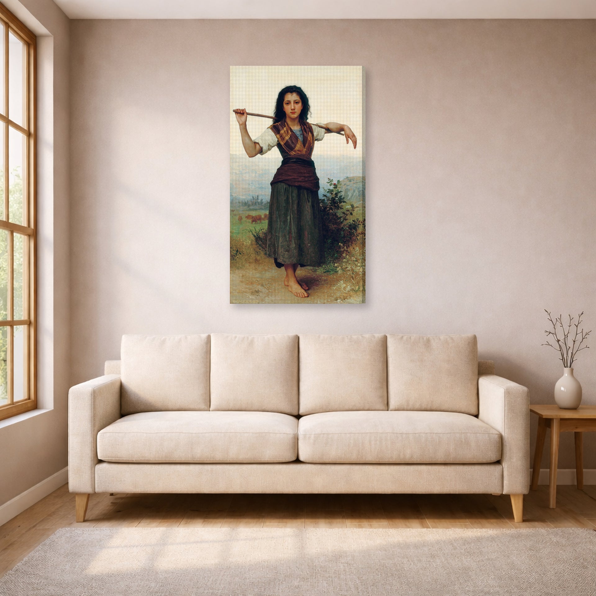 Gallery-wrapped canvas print of William-Adolphe Bouguereau's The Shepherdess displayed on a wall in a living room