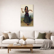 Gallery-wrapped canvas print of William-Adolphe Bouguereau's The Shepherdess displayed on a wall in a second living room setting