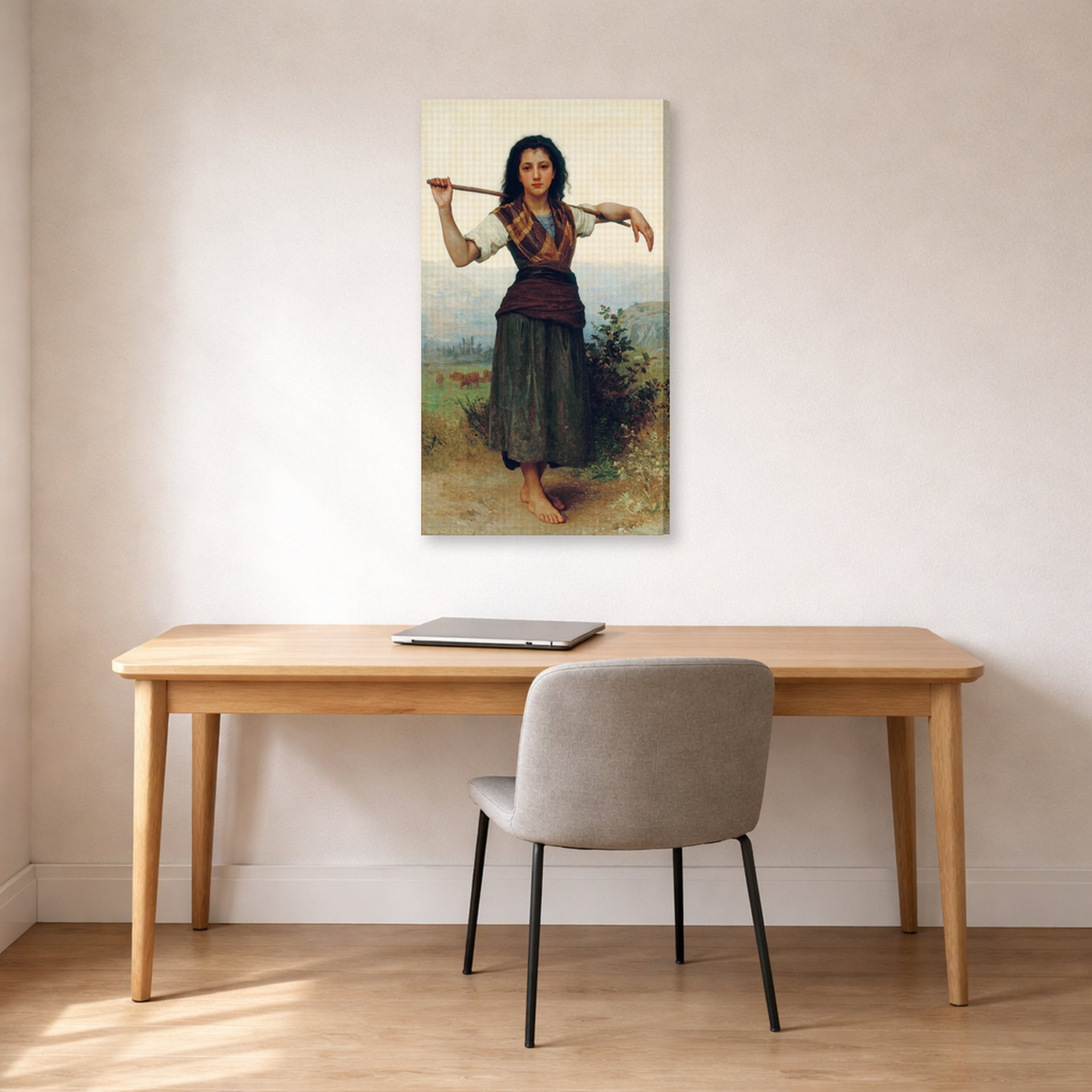 Gallery-wrapped canvas print of William-Adolphe Bouguereau's The Shepherdess displayed on a wall in a office