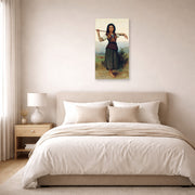 Unframed poster print of William-Adolphe Bouguereau's The Shepherdess displayed on a wall in a bedroom
