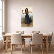 Unframed poster print of William-Adolphe Bouguereau's The Shepherdess displayed on a wall in a dining room