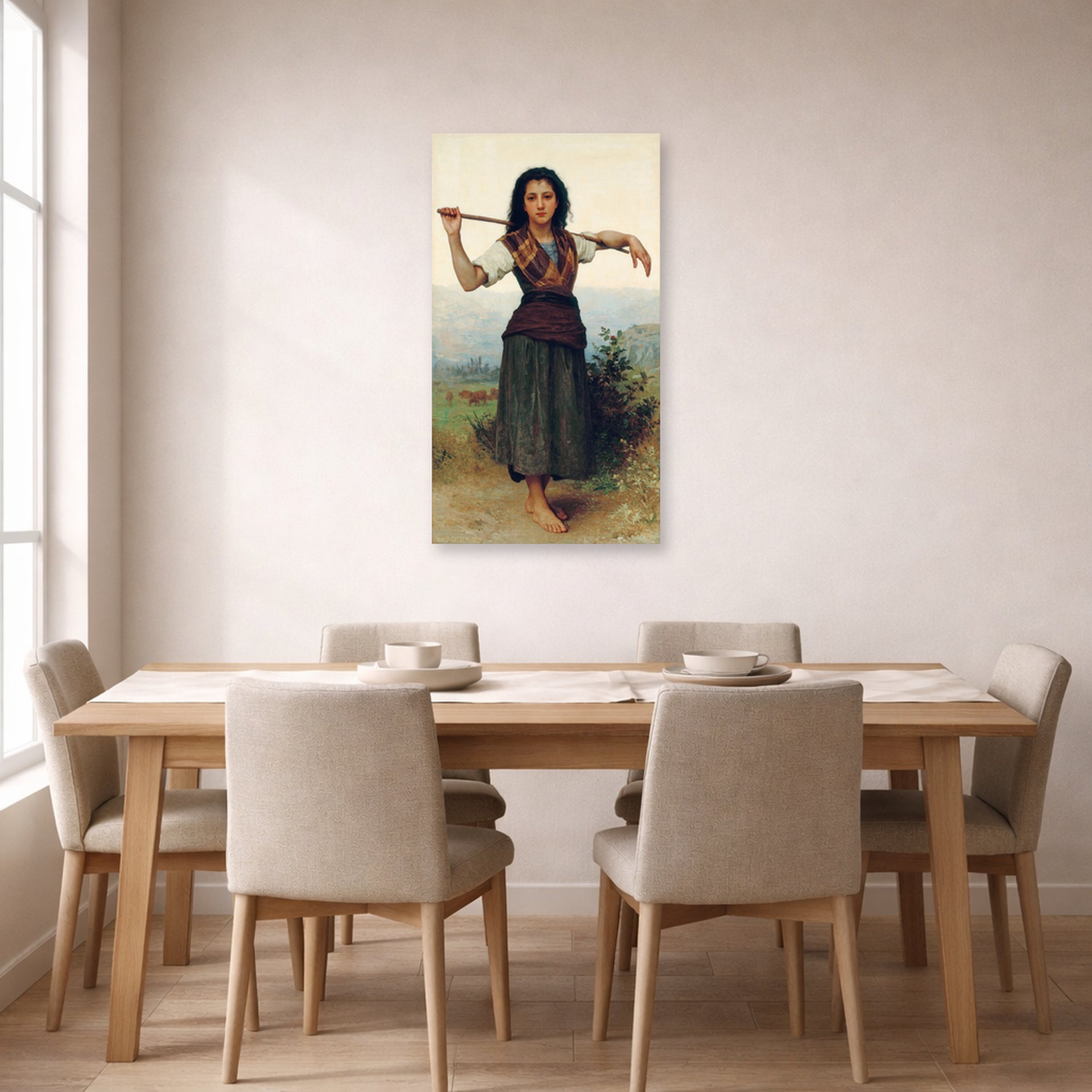 Unframed poster print of William-Adolphe Bouguereau's The Shepherdess displayed on a wall in a dining room