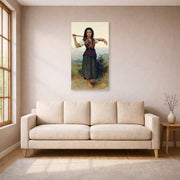 Unframed poster print of William-Adolphe Bouguereau's The Shepherdess displayed on a wall in a living room