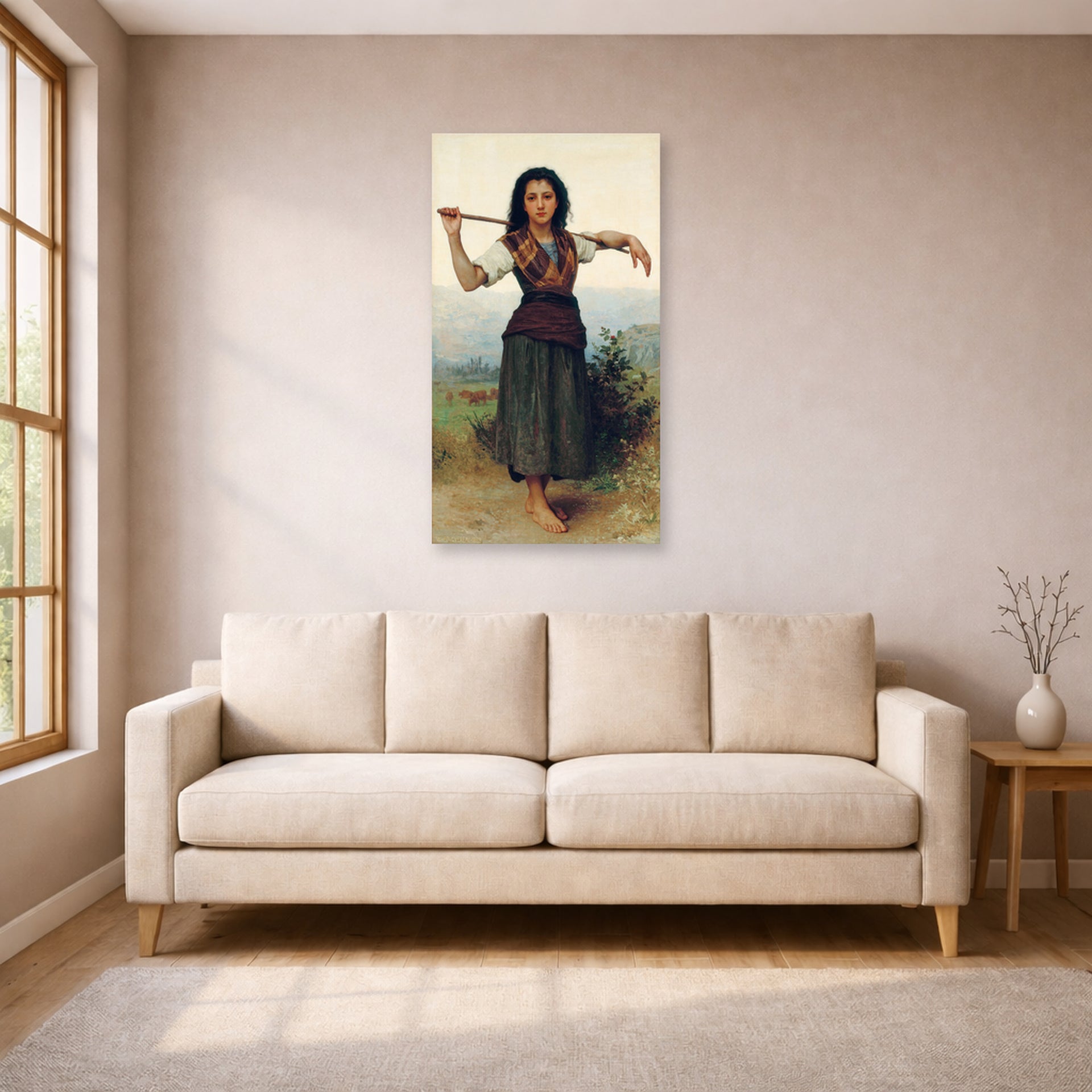 Unframed poster print of William-Adolphe Bouguereau's The Shepherdess displayed on a wall in a living room