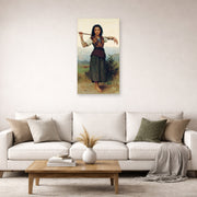 Unframed poster print of William-Adolphe Bouguereau's The Shepherdess displayed on a wall in a second living room setting