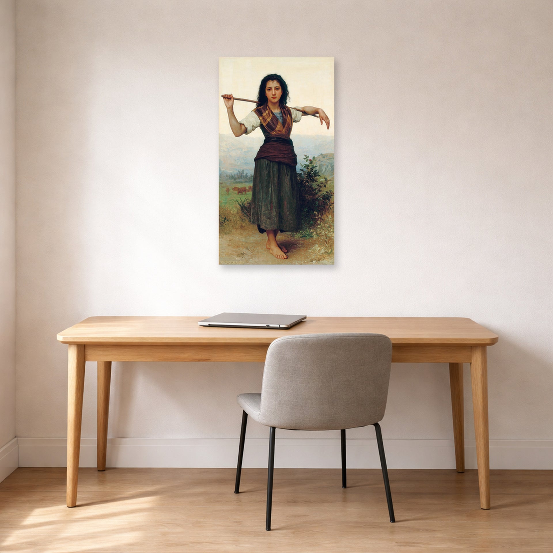 Unframed poster print of William-Adolphe Bouguereau's The Shepherdess displayed on a wall in a office