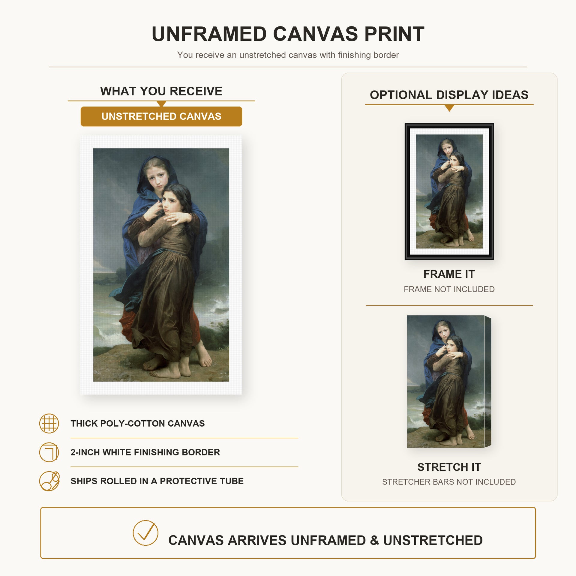 William-Adolphe Bouguereau - The Storm canvas print size comparison and framing display infographic