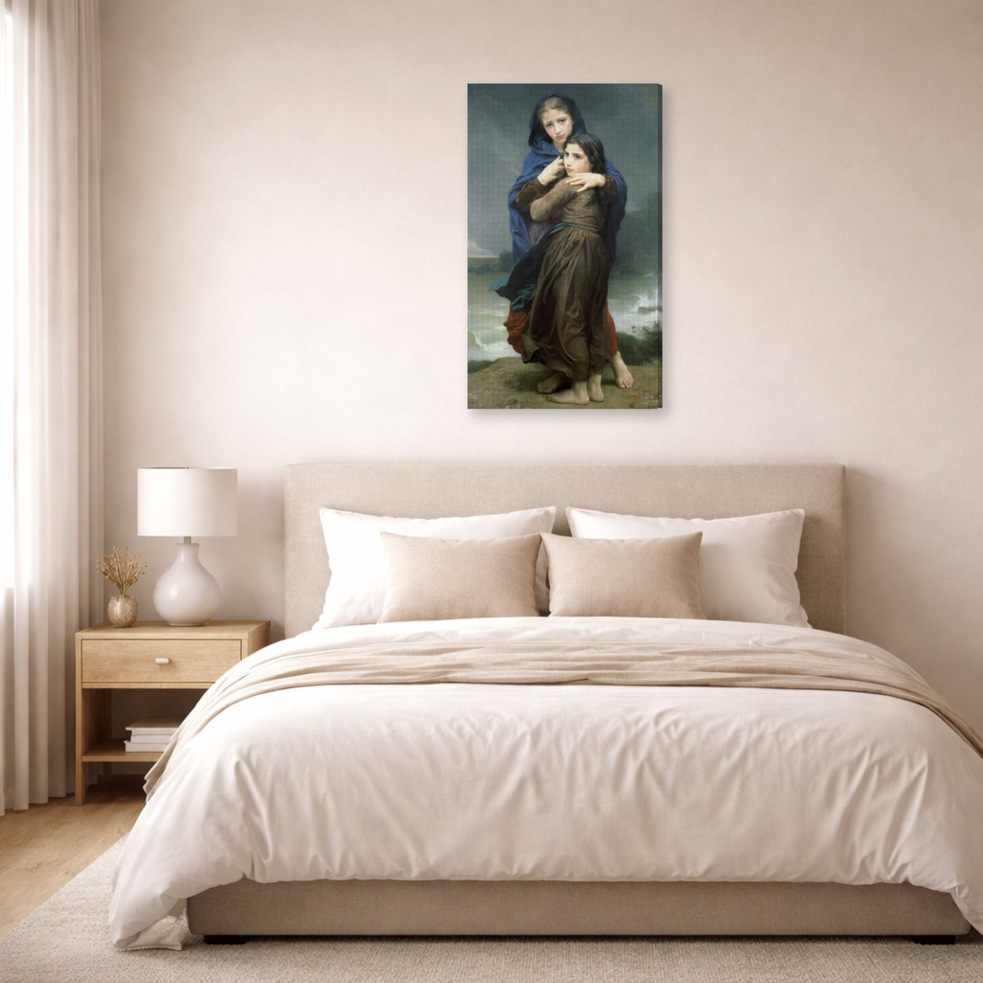 Gallery-wrapped canvas print of William-Adolphe Bouguereau's The Storm displayed on a wall in a bedroom