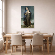 Gallery-wrapped canvas print of William-Adolphe Bouguereau's The Storm displayed on a wall in a dining room