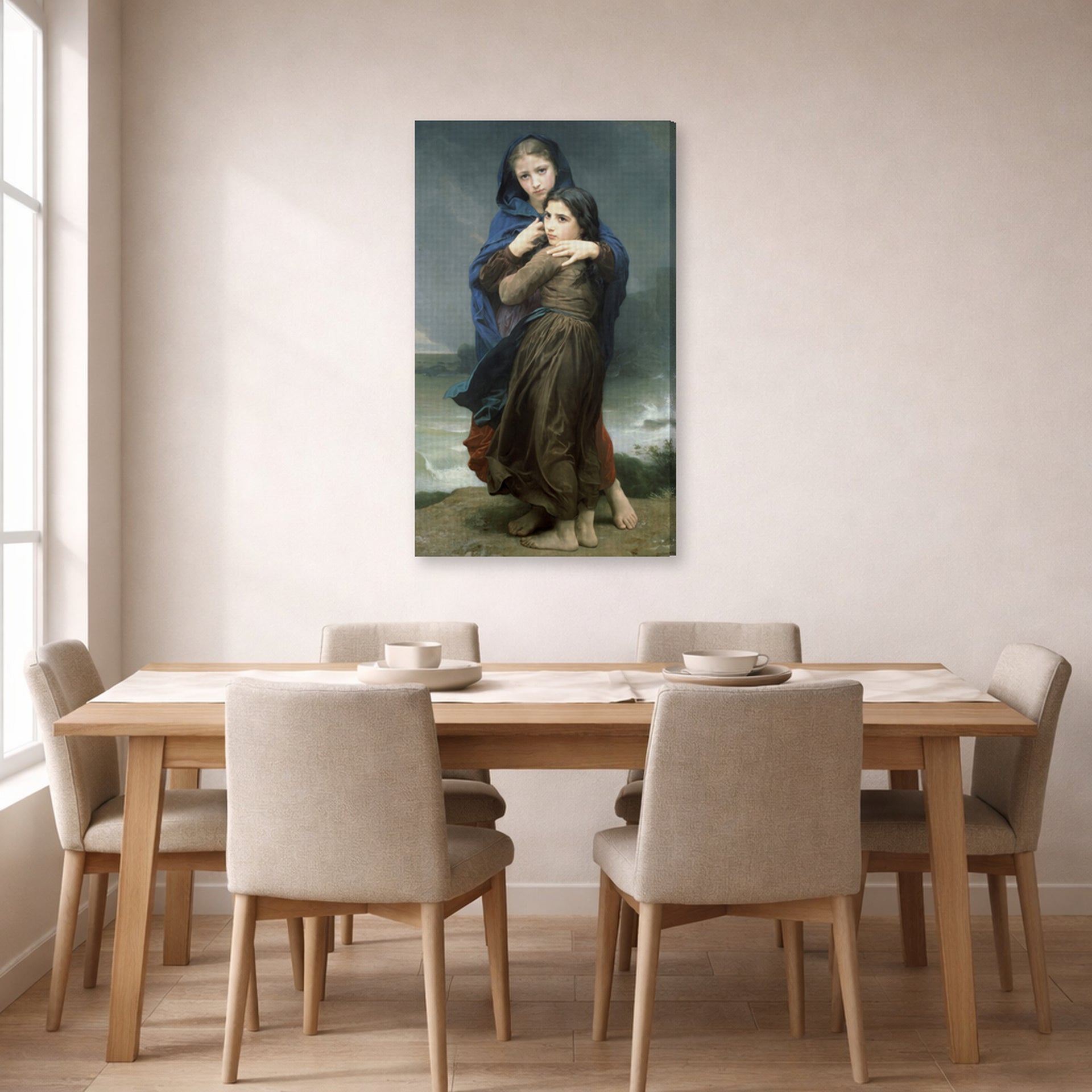 Gallery-wrapped canvas print of William-Adolphe Bouguereau's The Storm displayed on a wall in a dining room