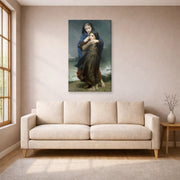 Gallery-wrapped canvas print of William-Adolphe Bouguereau's The Storm displayed on a wall in a living room