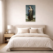 Unframed poster print of William-Adolphe Bouguereau's The Storm displayed on a wall in a bedroom