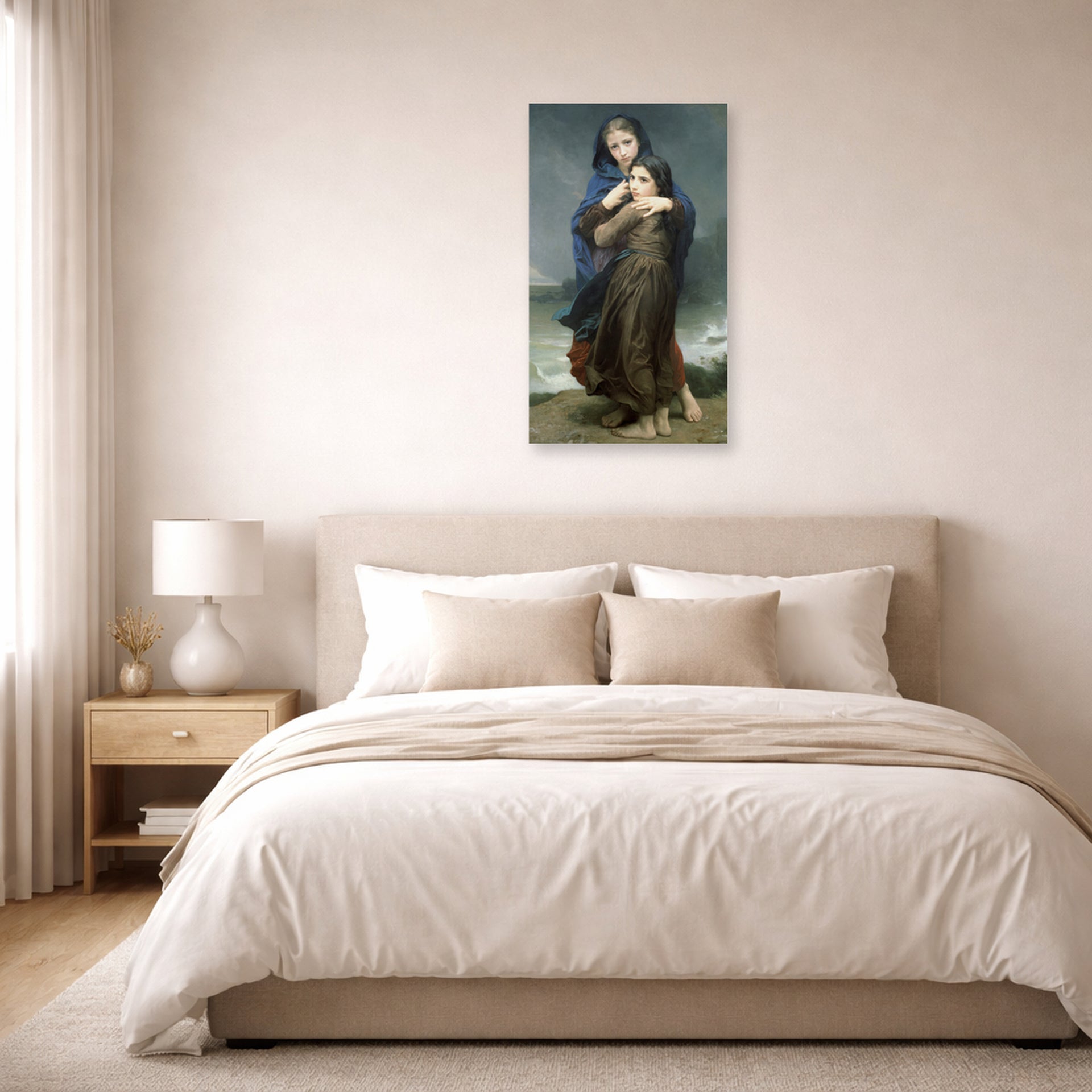 Unframed poster print of William-Adolphe Bouguereau's The Storm displayed on a wall in a bedroom