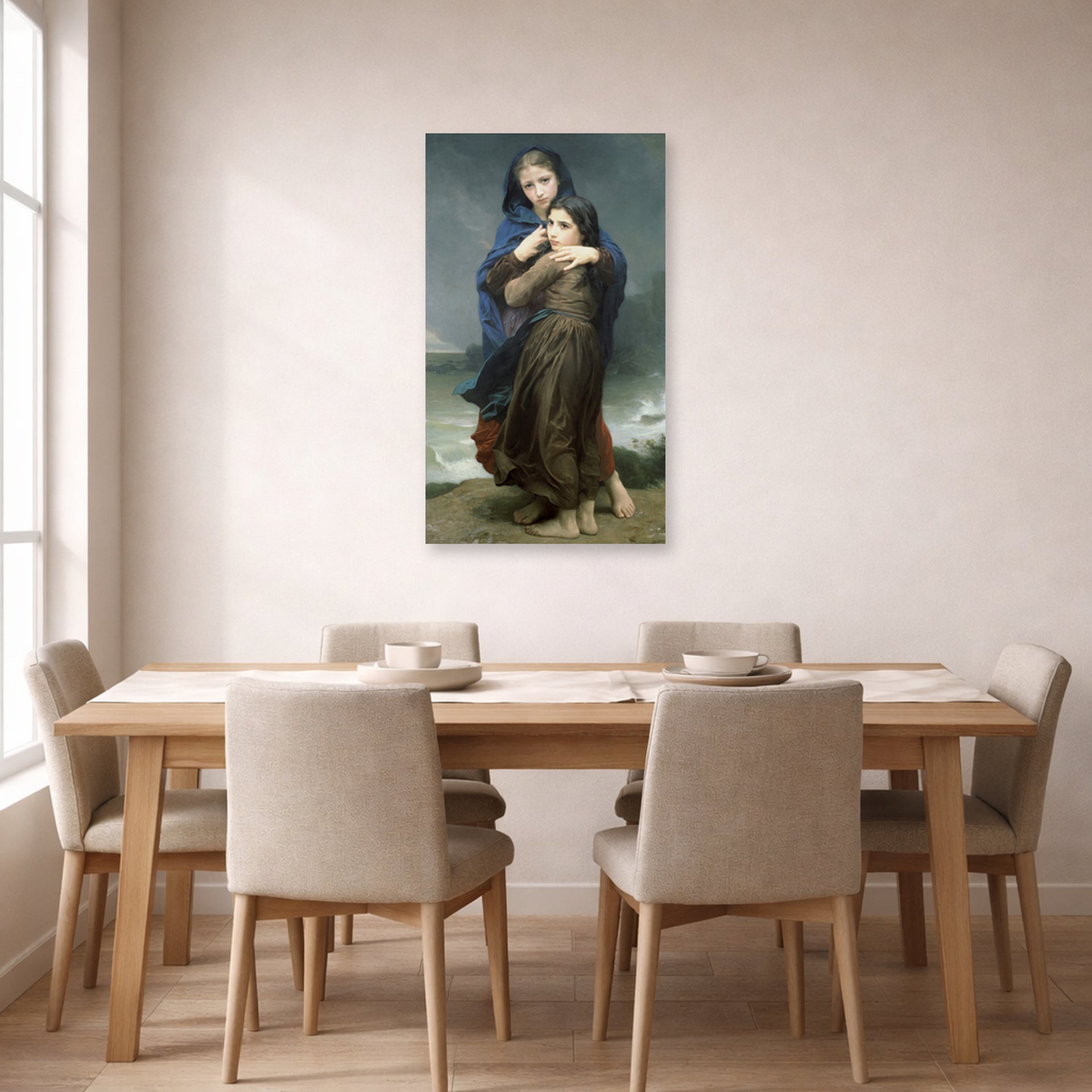 Unframed poster print of William-Adolphe Bouguereau's The Storm displayed on a wall in a dining room