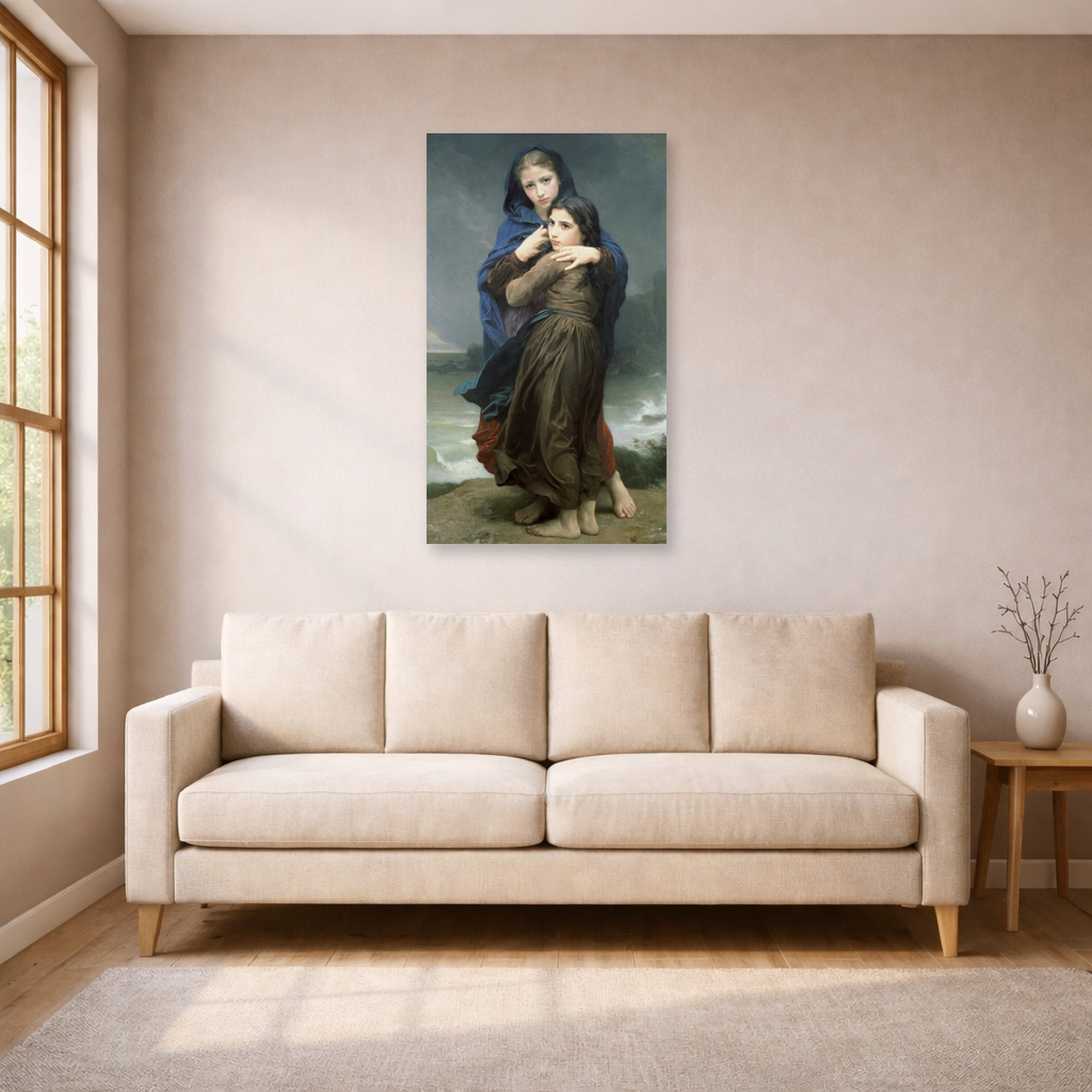 Unframed poster print of William-Adolphe Bouguereau's The Storm displayed on a wall in a living room