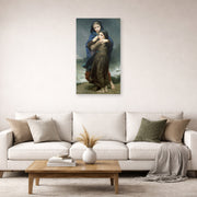 Unframed poster print of William-Adolphe Bouguereau's The Storm displayed on a wall in a second living room setting
