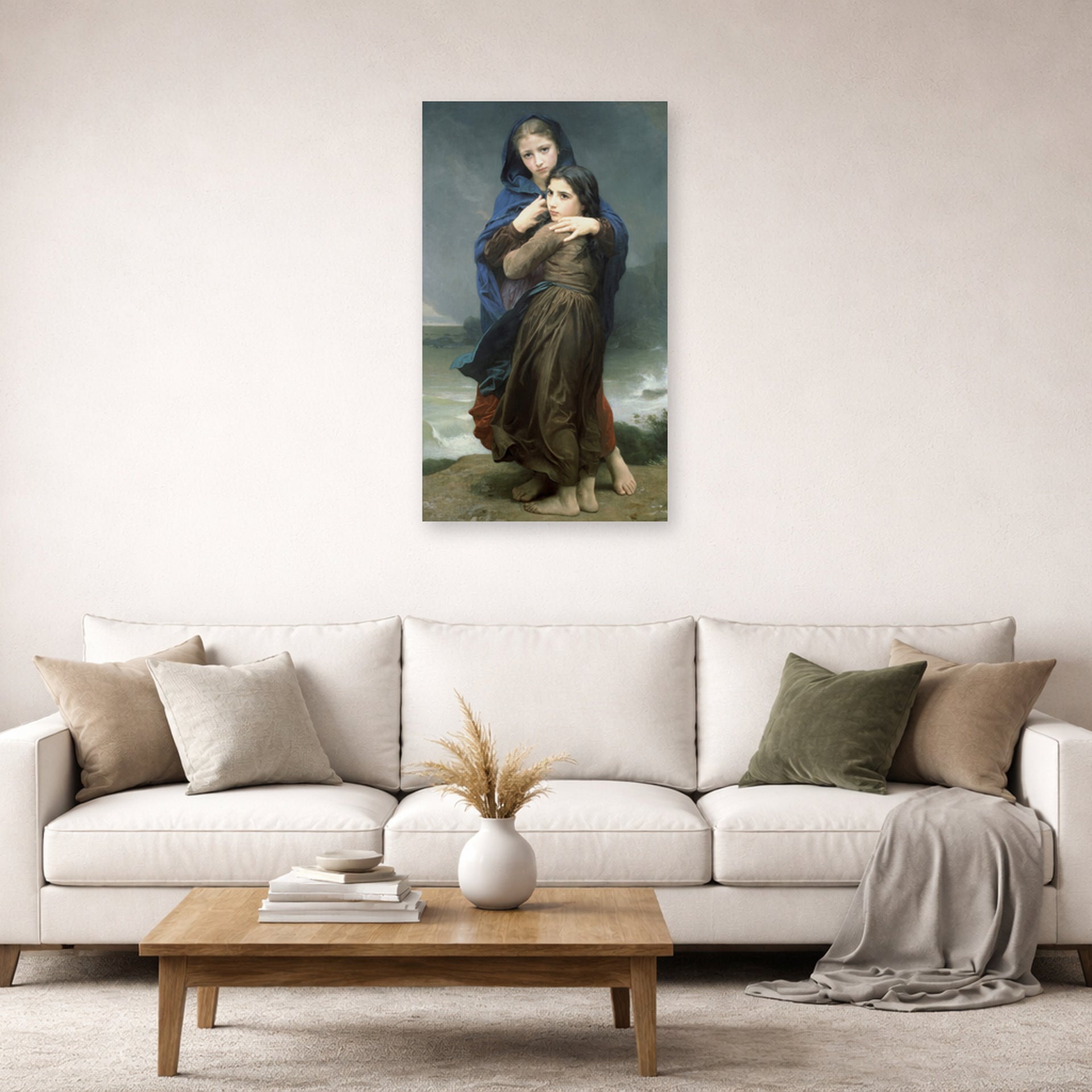 Unframed poster print of William-Adolphe Bouguereau's The Storm displayed on a wall in a second living room setting