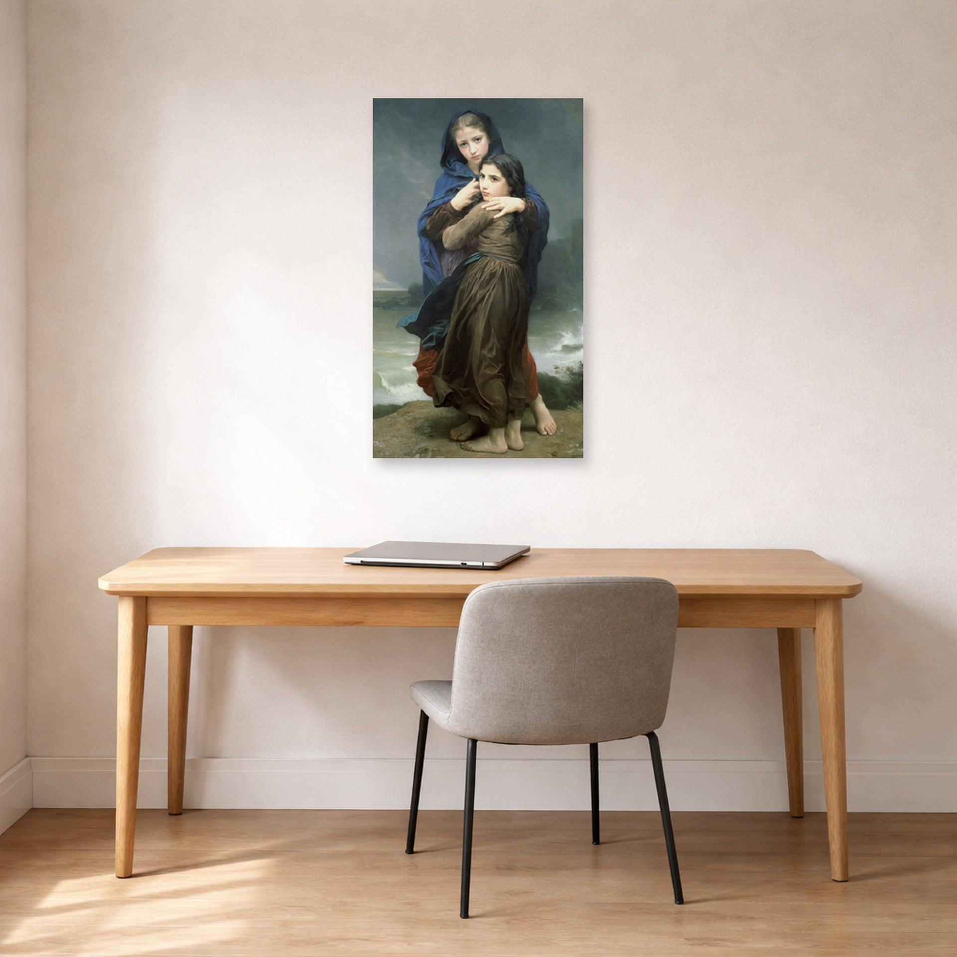 Unframed poster print of William-Adolphe Bouguereau's The Storm displayed on a wall in a office