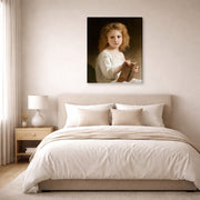 Gallery-wrapped canvas print of William-Adolphe Bouguereau's The Story Book displayed on a wall in a bedroom