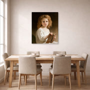 Gallery-wrapped canvas print of William-Adolphe Bouguereau's The Story Book displayed on a wall in a dining room