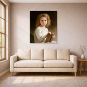 Gallery-wrapped canvas print of William-Adolphe Bouguereau's The Story Book displayed on a wall in a living room