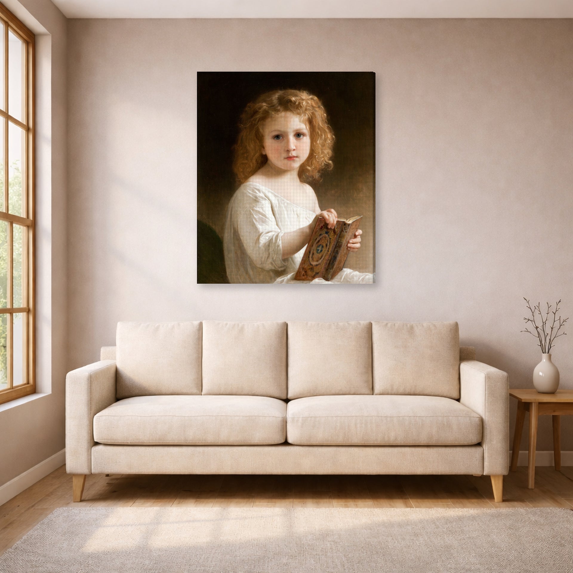 Gallery-wrapped canvas print of William-Adolphe Bouguereau's The Story Book displayed on a wall in a living room
