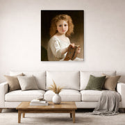 Gallery-wrapped canvas print of William-Adolphe Bouguereau's The Story Book displayed on a wall in a second living room setting