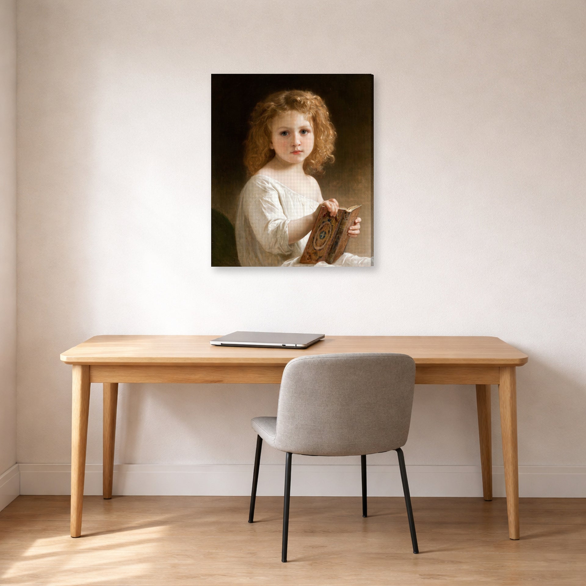 Gallery-wrapped canvas print of William-Adolphe Bouguereau's The Story Book displayed on a wall in a office