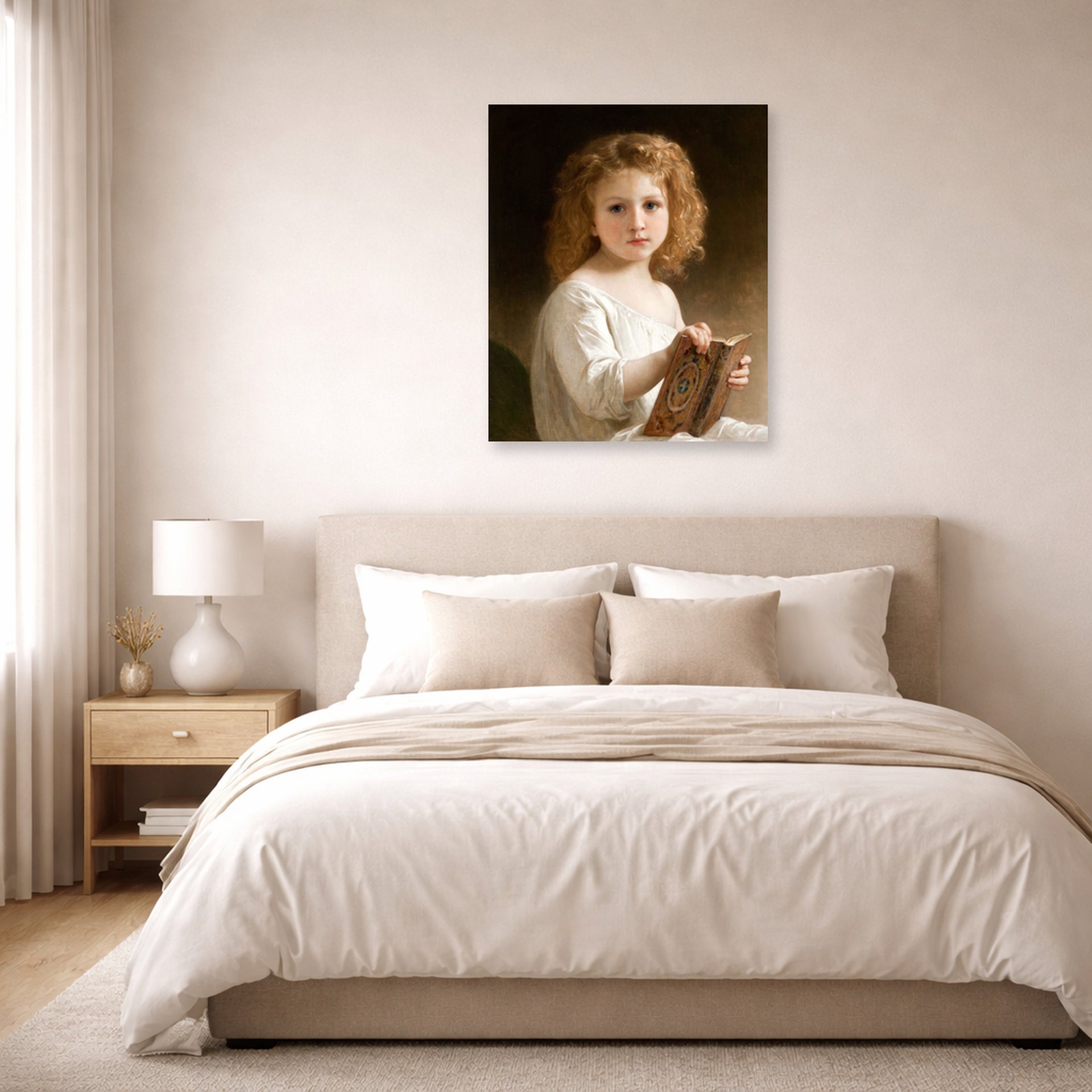 Unframed poster print of William-Adolphe Bouguereau's The Story Book displayed on a wall in a bedroom