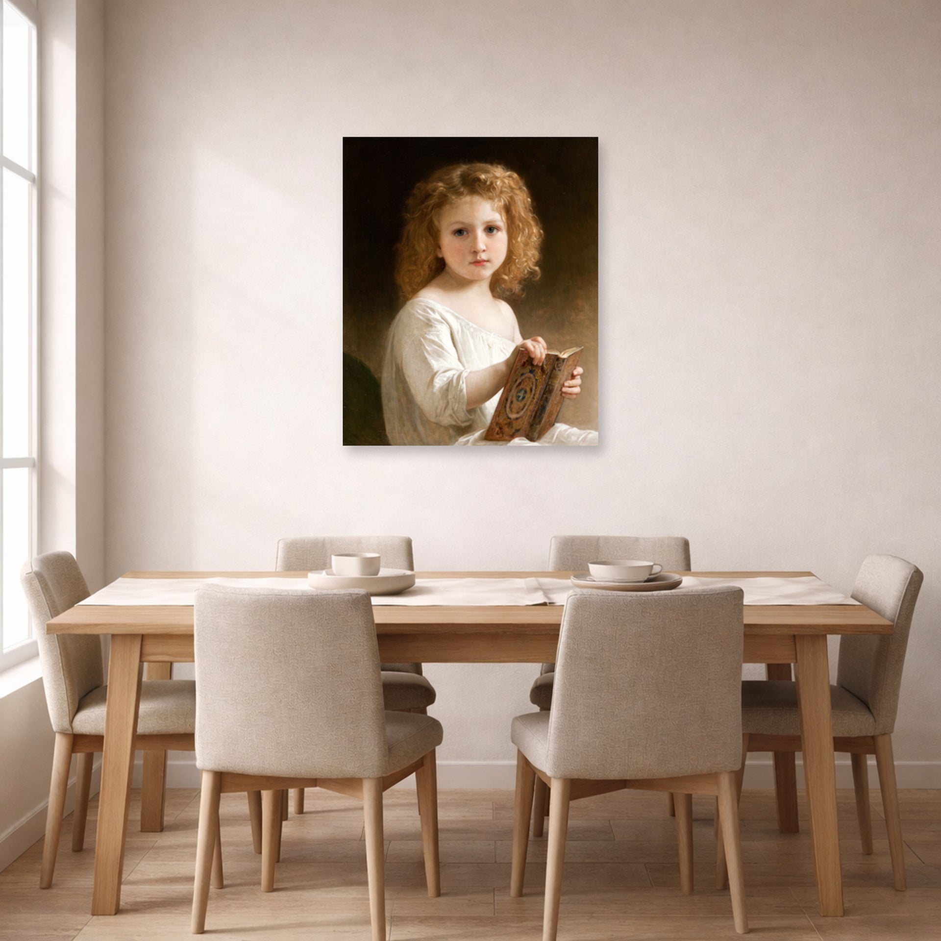 Unframed poster print of William-Adolphe Bouguereau's The Story Book displayed on a wall in a dining room