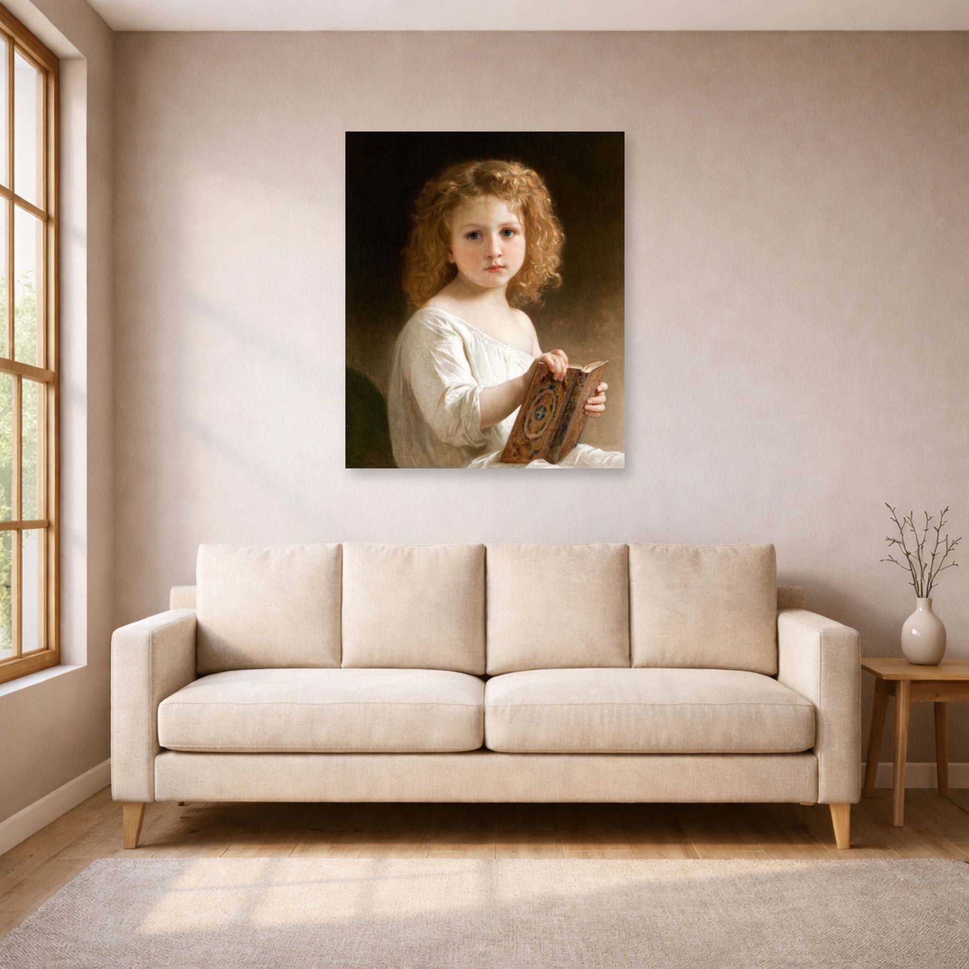 Unframed poster print of William-Adolphe Bouguereau's The Story Book displayed on a wall in a living room