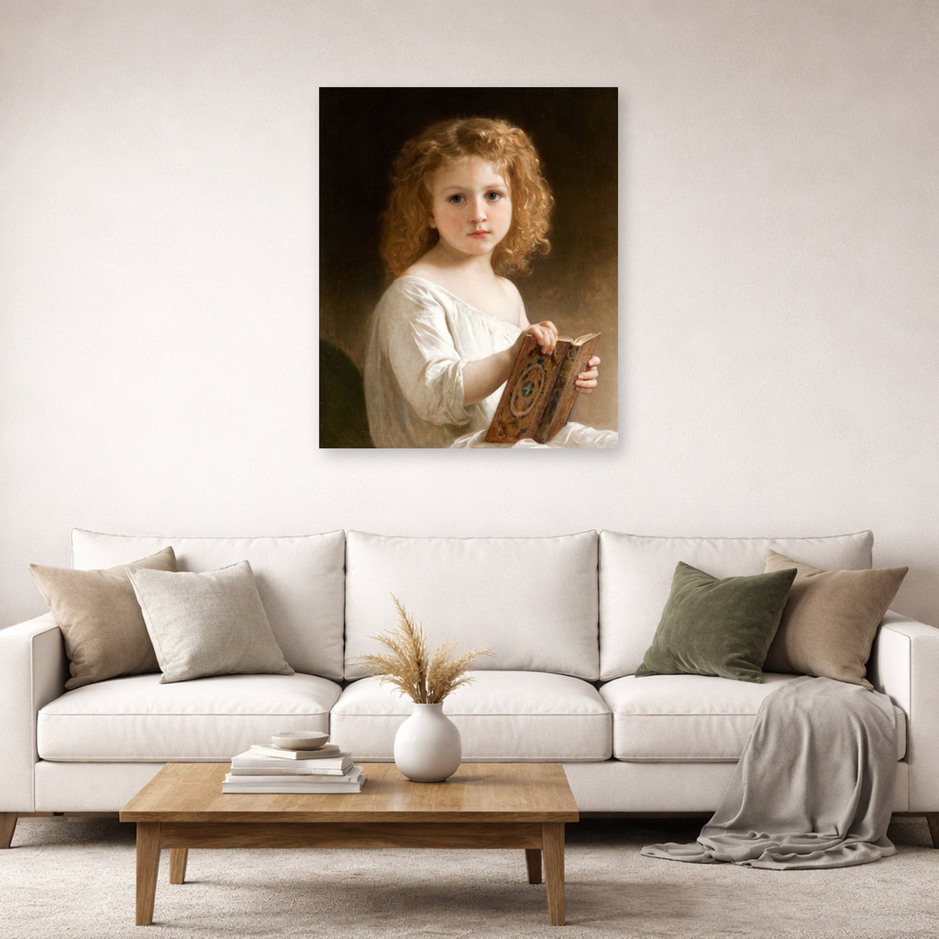 Unframed poster print of William-Adolphe Bouguereau's The Story Book displayed on a wall in a second living room setting