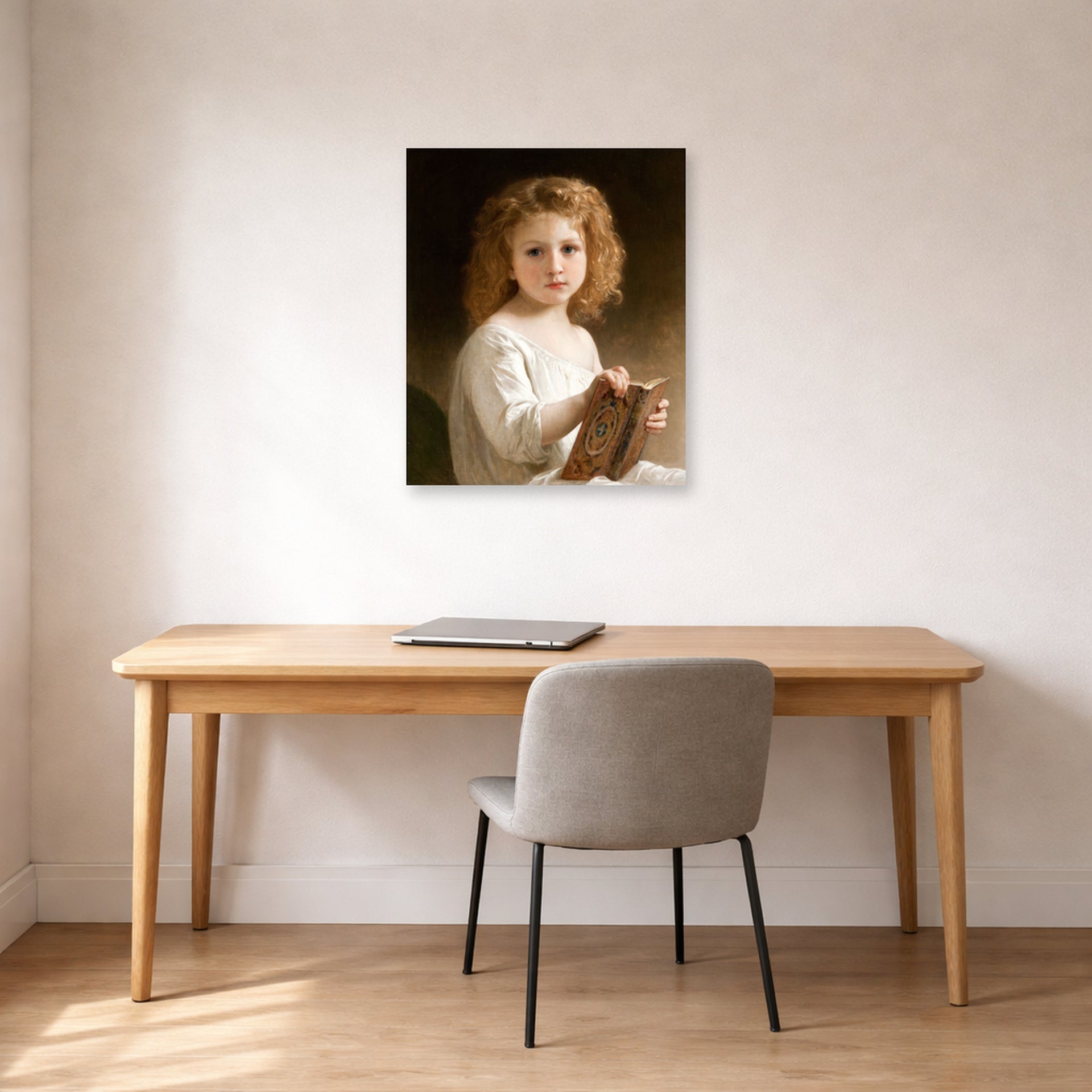 Unframed poster print of William-Adolphe Bouguereau's The Story Book displayed on a wall in a office