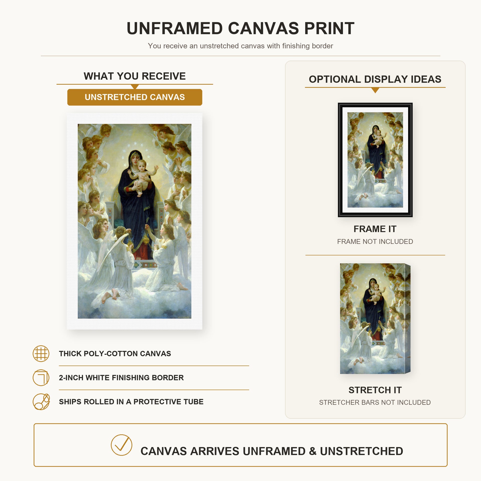 William-Adolphe Bouguereau - The Virgin with Angels canvas print size comparison and framing display infographic