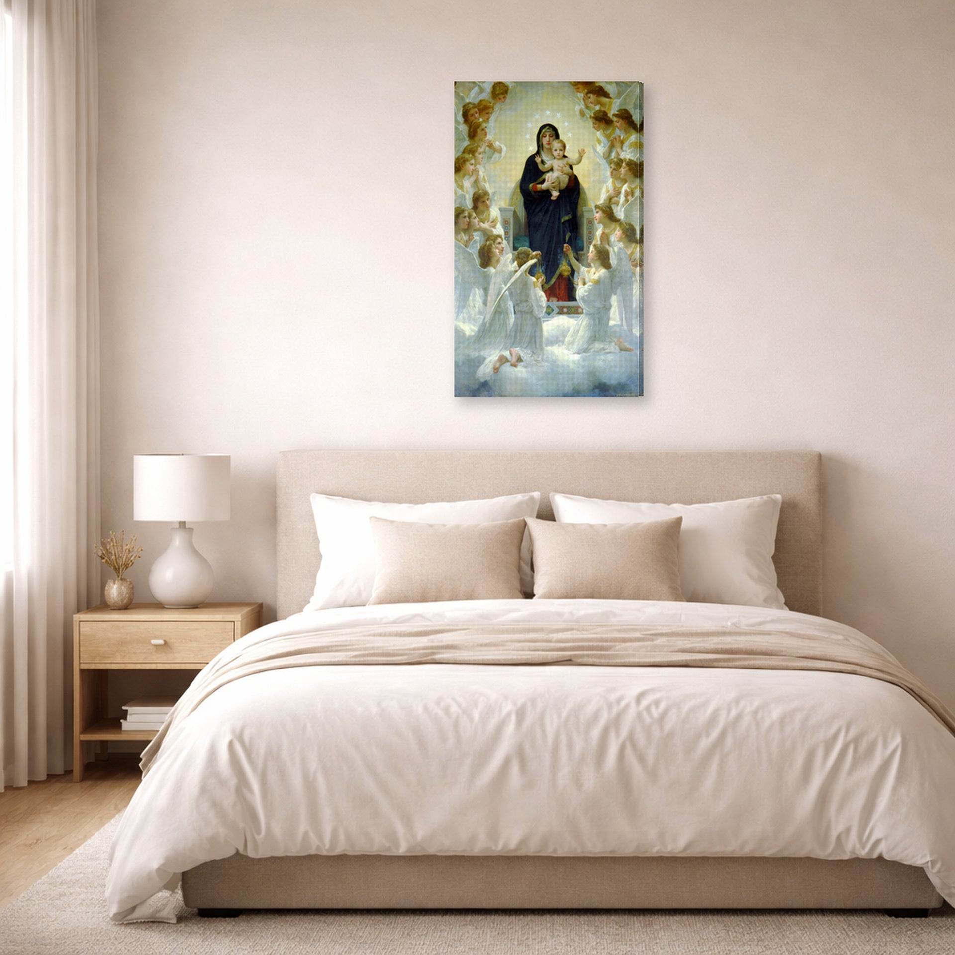 Gallery-wrapped canvas print of William-Adolphe Bouguereau's The Virgin with Angels displayed on a wall in a bedroom