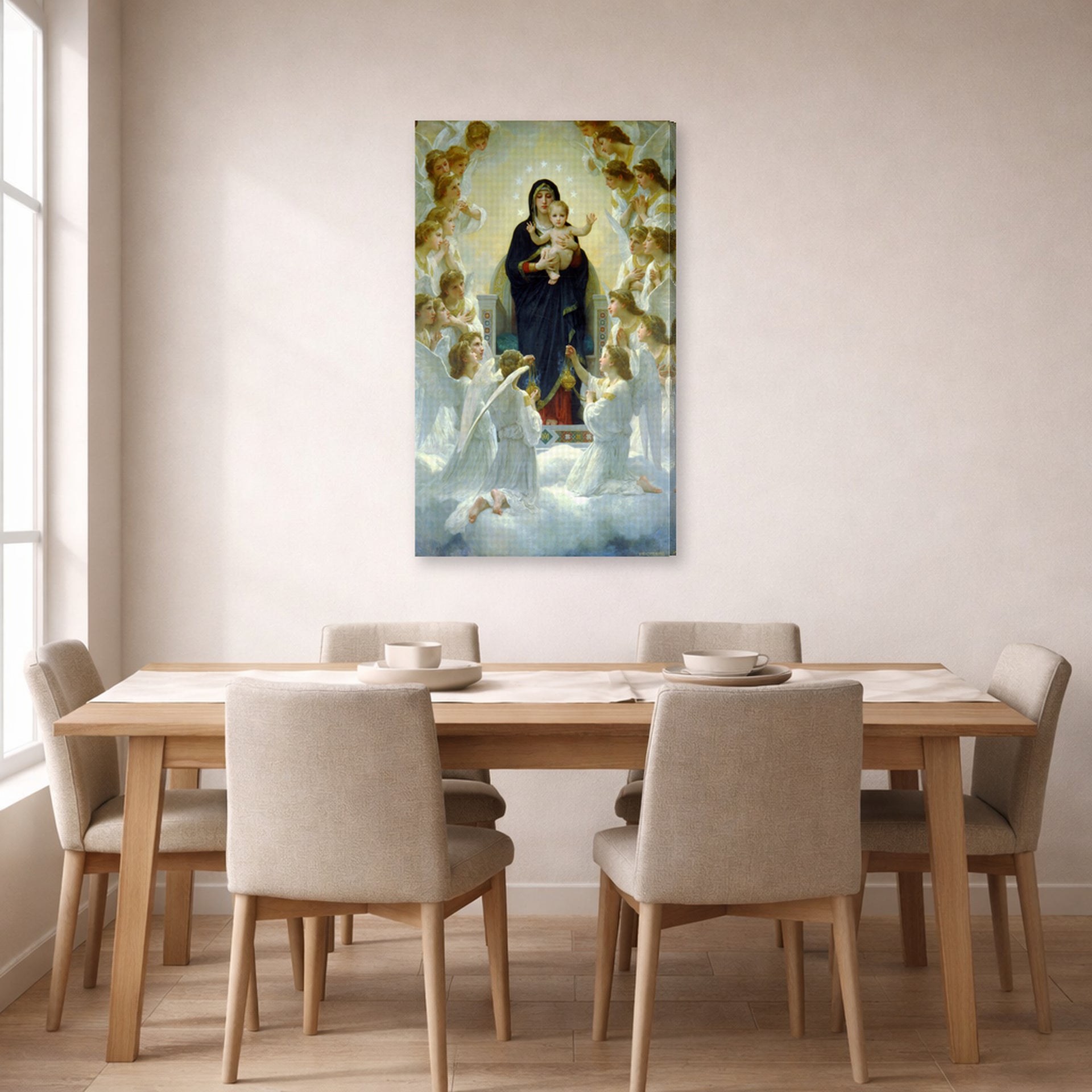 Gallery-wrapped canvas print of William-Adolphe Bouguereau's The Virgin with Angels displayed on a wall in a dining room
