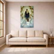 Gallery-wrapped canvas print of William-Adolphe Bouguereau's The Virgin with Angels displayed on a wall in a living room