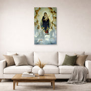 Gallery-wrapped canvas print of William-Adolphe Bouguereau's The Virgin with Angels displayed on a wall in a second living room setting