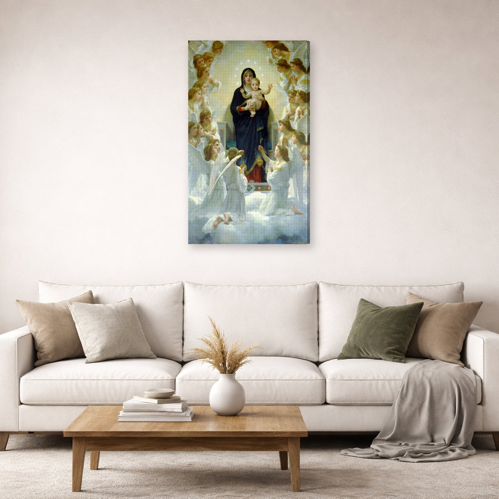 Gallery-wrapped canvas print of William-Adolphe Bouguereau's The Virgin with Angels displayed on a wall in a second living room setting