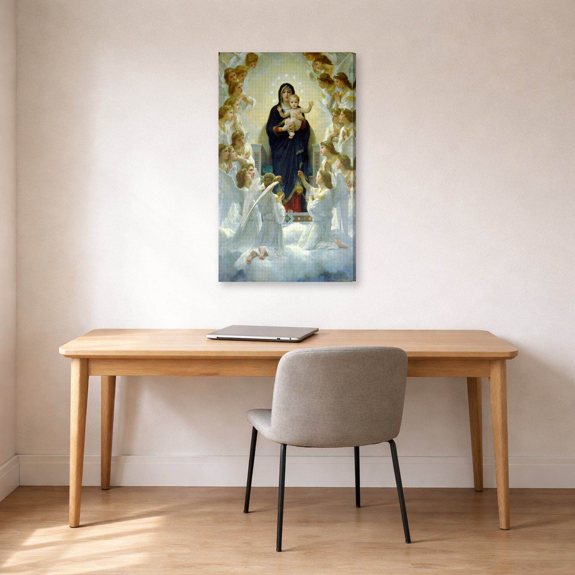 Gallery-wrapped canvas print of William-Adolphe Bouguereau's The Virgin with Angels displayed on a wall in a office