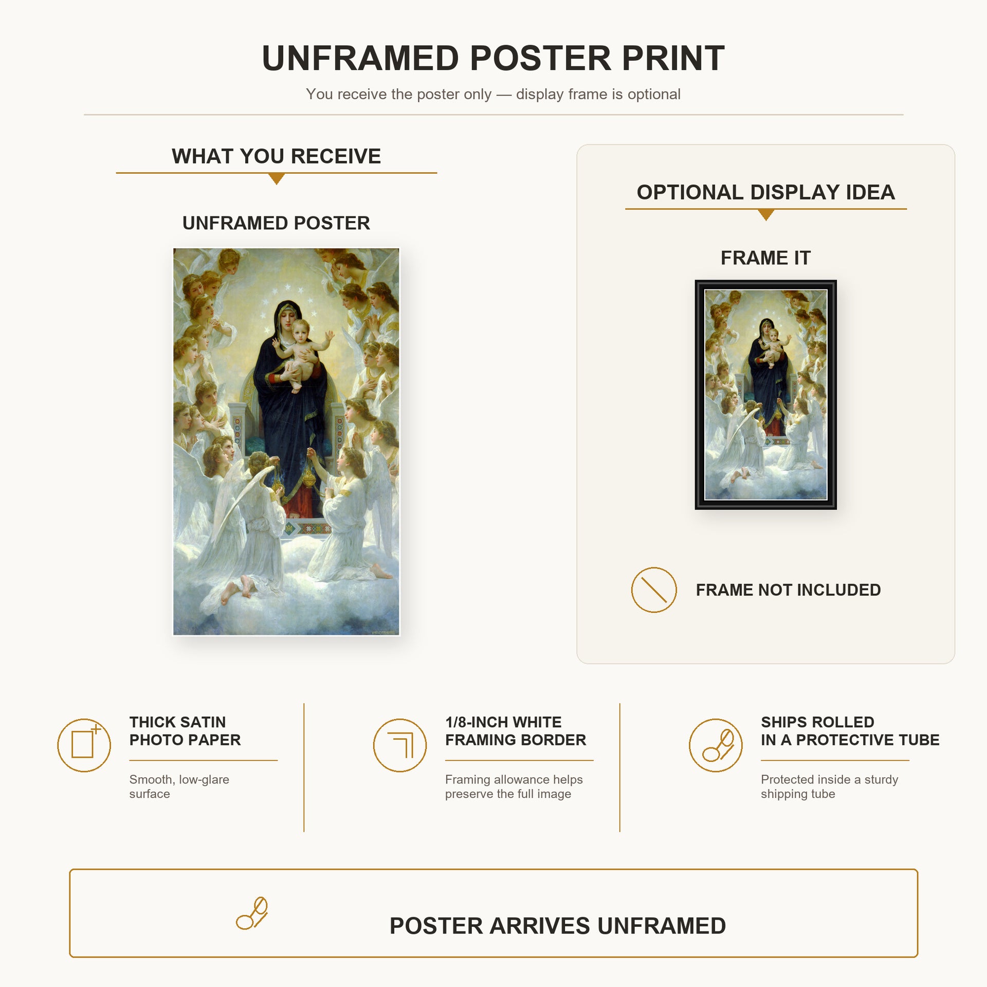 William-Adolphe Bouguereau - The Virgin with Angels poster print size comparison and framing display infographic