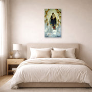Unframed poster print of William-Adolphe Bouguereau's The Virgin with Angels displayed on a wall in a bedroom