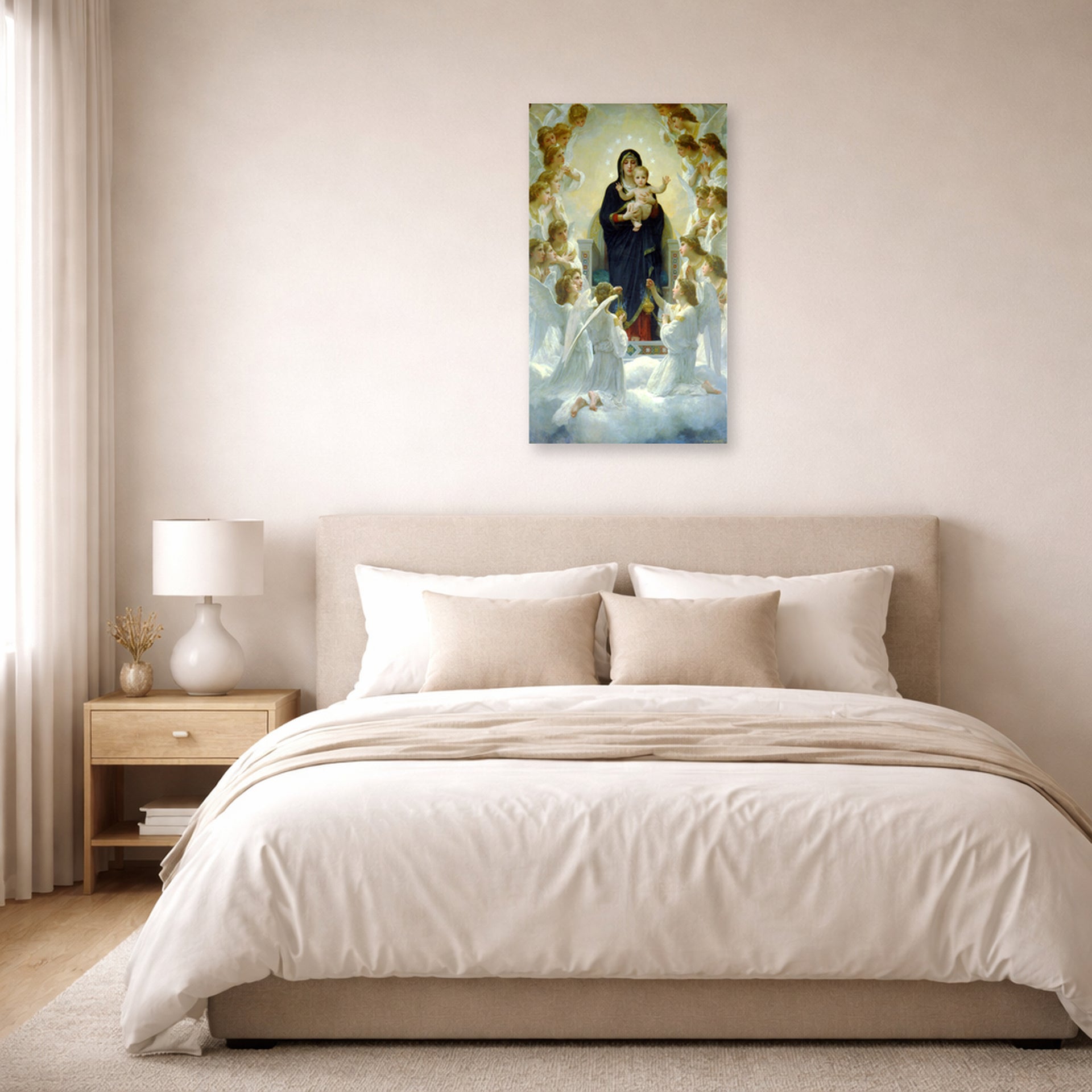 Unframed poster print of William-Adolphe Bouguereau's The Virgin with Angels displayed on a wall in a bedroom