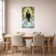 Unframed poster print of William-Adolphe Bouguereau's The Virgin with Angels displayed on a wall in a dining room