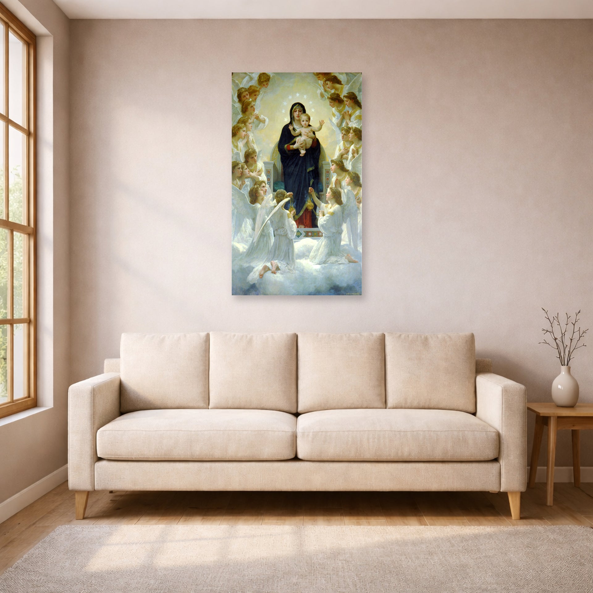 Unframed poster print of William-Adolphe Bouguereau's The Virgin with Angels displayed on a wall in a living room
