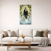 Unframed poster print of William-Adolphe Bouguereau's The Virgin with Angels displayed on a wall in a second living room setting